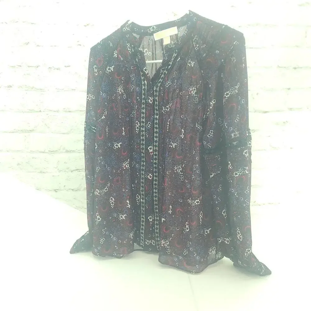 Michael Kors Red Purple Paisley Semi-sheer Medium Button Up Blouse